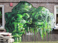 829735 Afbeelding van graffiti met een groen monster op de zijgevel van het pand Framboosstraat 1, in de Tomaatstraat ...